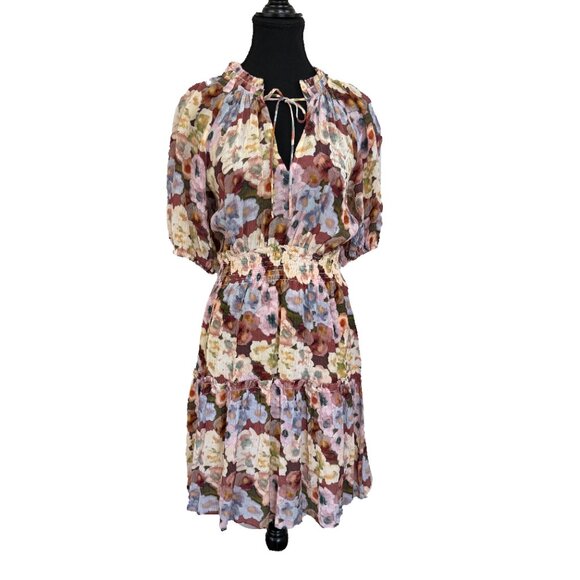 Rails Fiorella Floral Tie Neck Dress Size L Plissé Midi Short Sleeve Lined - Picture 4 of 12